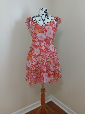 PEACH LOVE Floral Coral Tiered Sundress